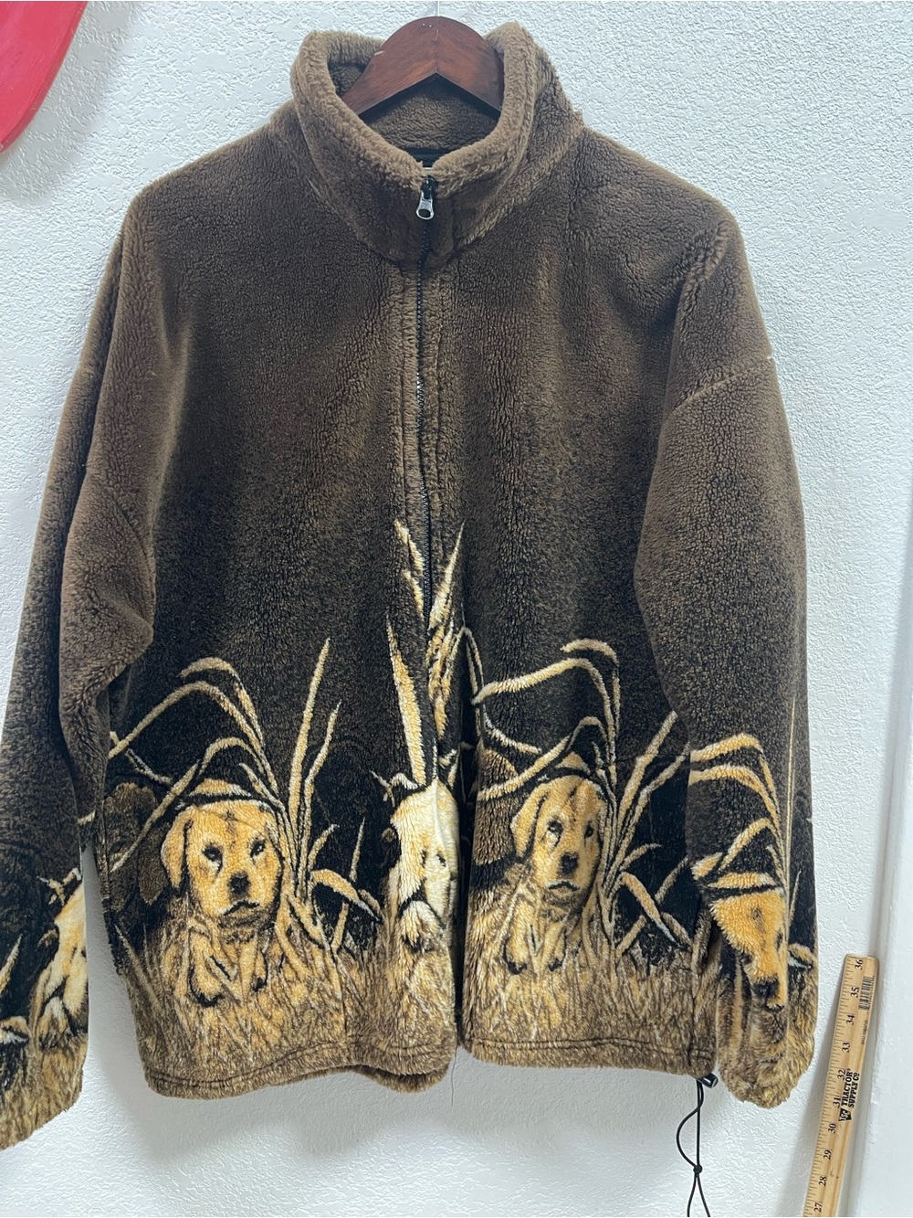 Vtg Cobblestone Canyon Fleece Jacket Womens XL Dog Puppy All Over Print Brown